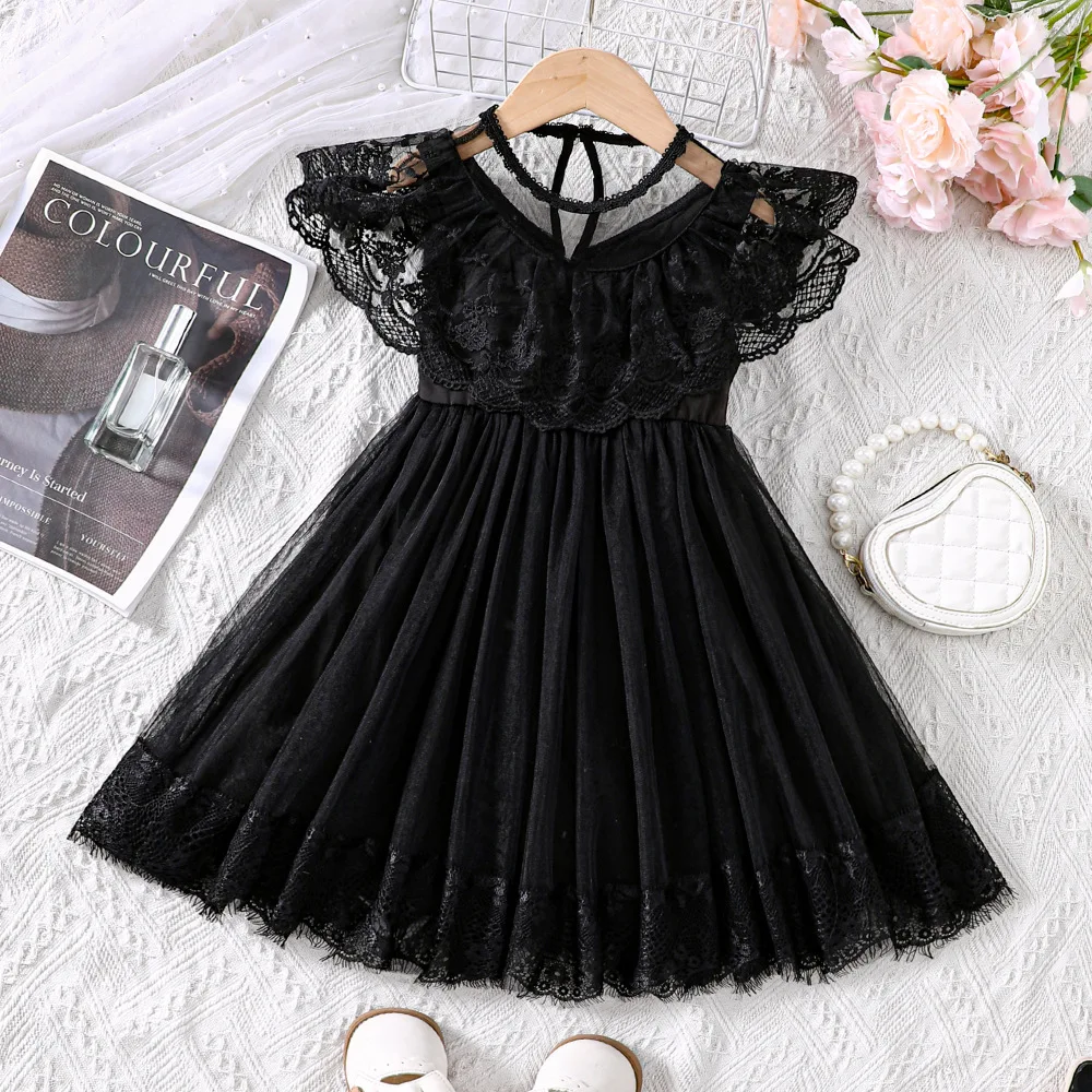 2024 Summer New Arrival Girls Sleeveless O Neck Lace Black Designer Cute Party Princess Dress Custume 2-6T