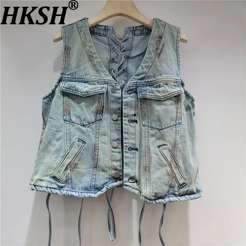 

HKSH Spring Autumn New Women Denim Waistcoat Distressed Multi-pocket Single Breasted V-Neck Lace-up Retro Sleeveless Top HK16855