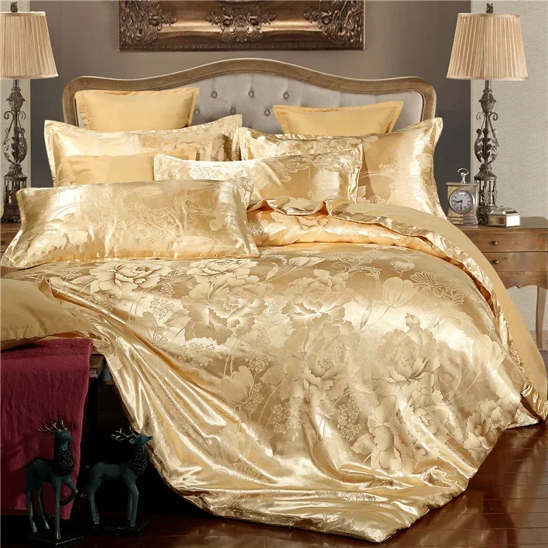 High End Satin Jacquard Summer Bedding Set European Solid Color Silky Skin-Friendly Bedsheet Kit 200X230Cm Double Bed Duvet Set