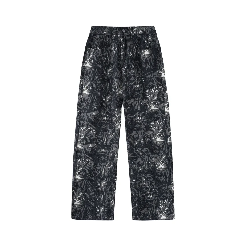 بنطال جينز أمريكي مطبوع بالكامل بنمط هونج كونج سروال كاجوال مستقيم للعمل