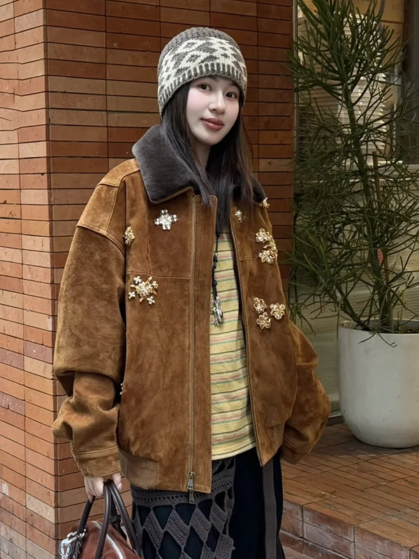 

Retro Luxury Fur Collar Jaet Winter Casual Warm Loose Zipper Suede Coat Floral Embellied French Sle Women's Outerwear