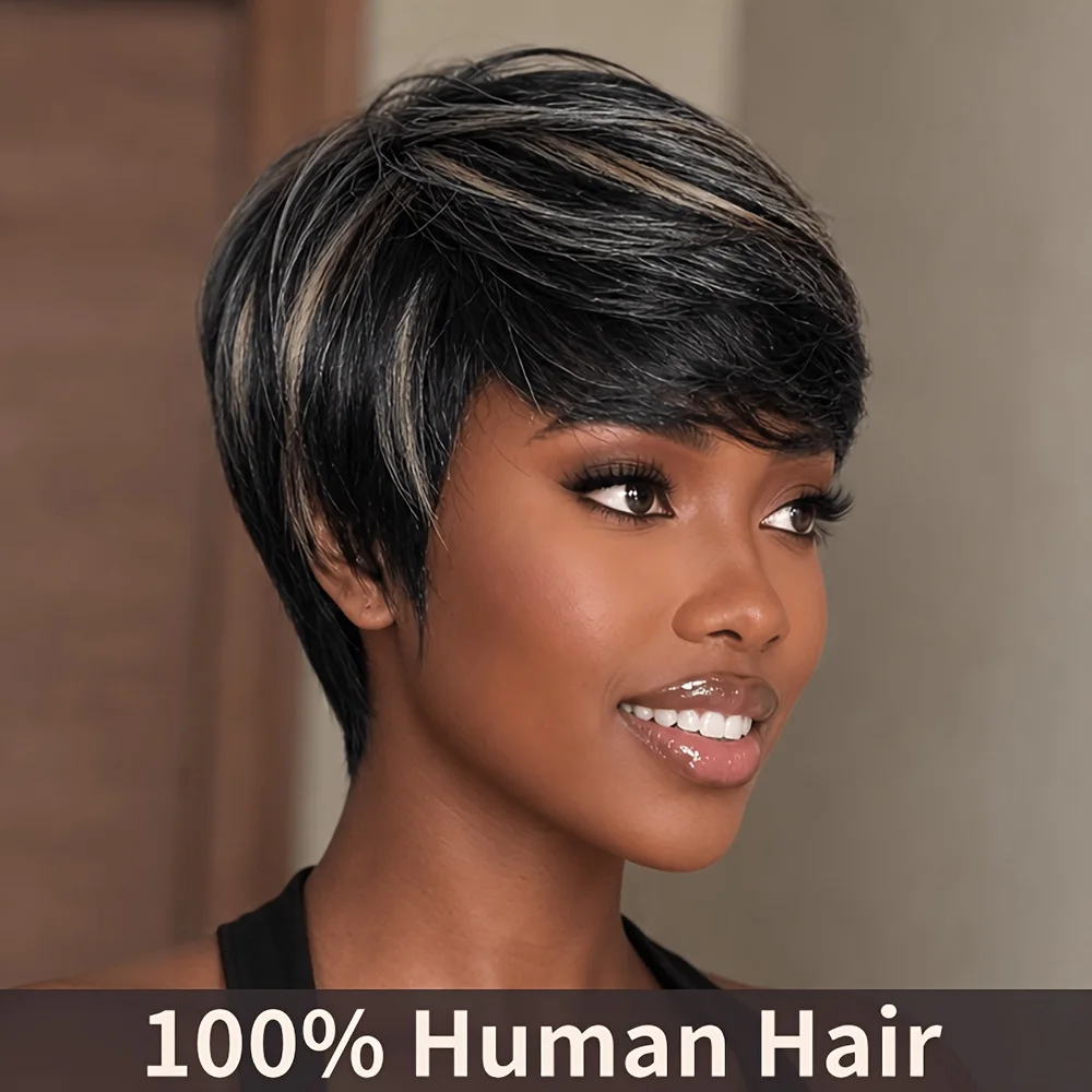 Short Straight Pixie Cut Human Hair Wig for Women #1B/30/60 Mixed Highlights 4  Inch High Density  Fully Machine  Made Human Hair Wig with Side Part  Cap Brazilian Remy Human Hair
