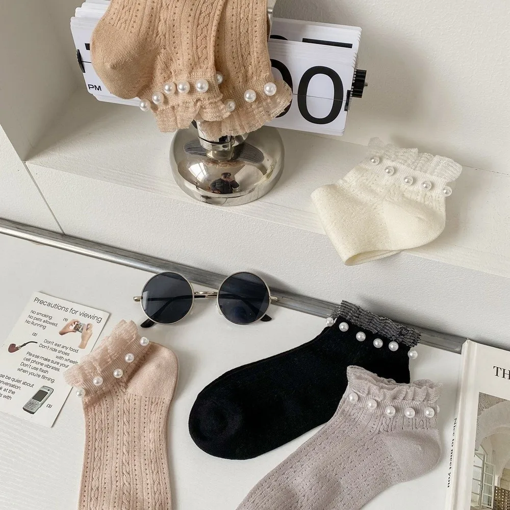 Elastic Lace Ruffle Socks Mesh Low Tube Pearl Frilly Short Socks Preppy Style Breathable Princess Dress Socks Women Girls