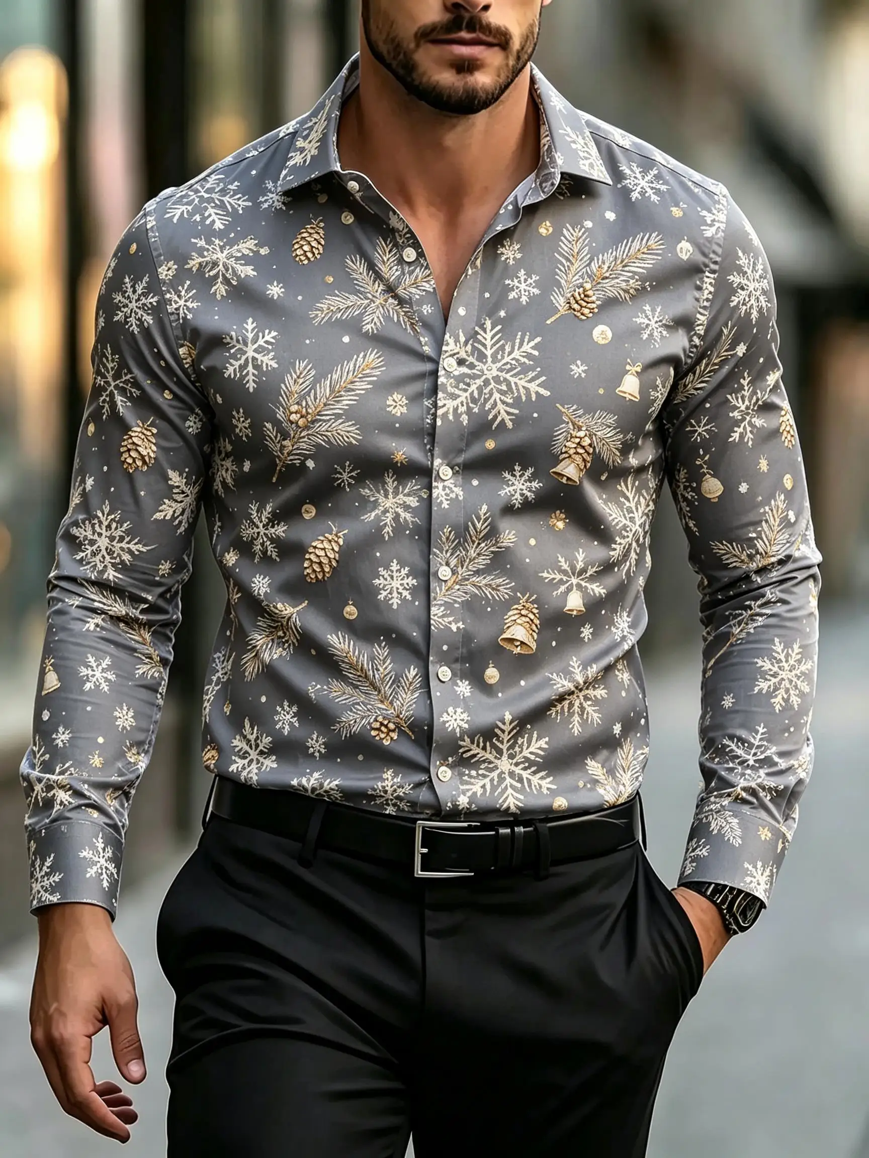 2026 Men's Long Sleeve Shirt Santa Reindeer Sleigh Snowflake Print Christmas Men Gift Fashion Loose Fit Daily Wear Tops