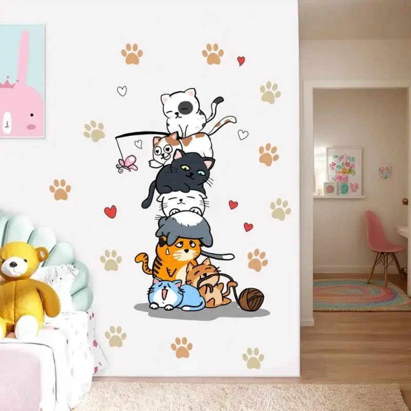 1 Buah Stiker Dinding Bertumpuk Cetakan Kaki Kucing dan Kucing Lucu untuk Dekorasi Rumah Stiker Dinding Kamar Tidur Kamar Anak-anak