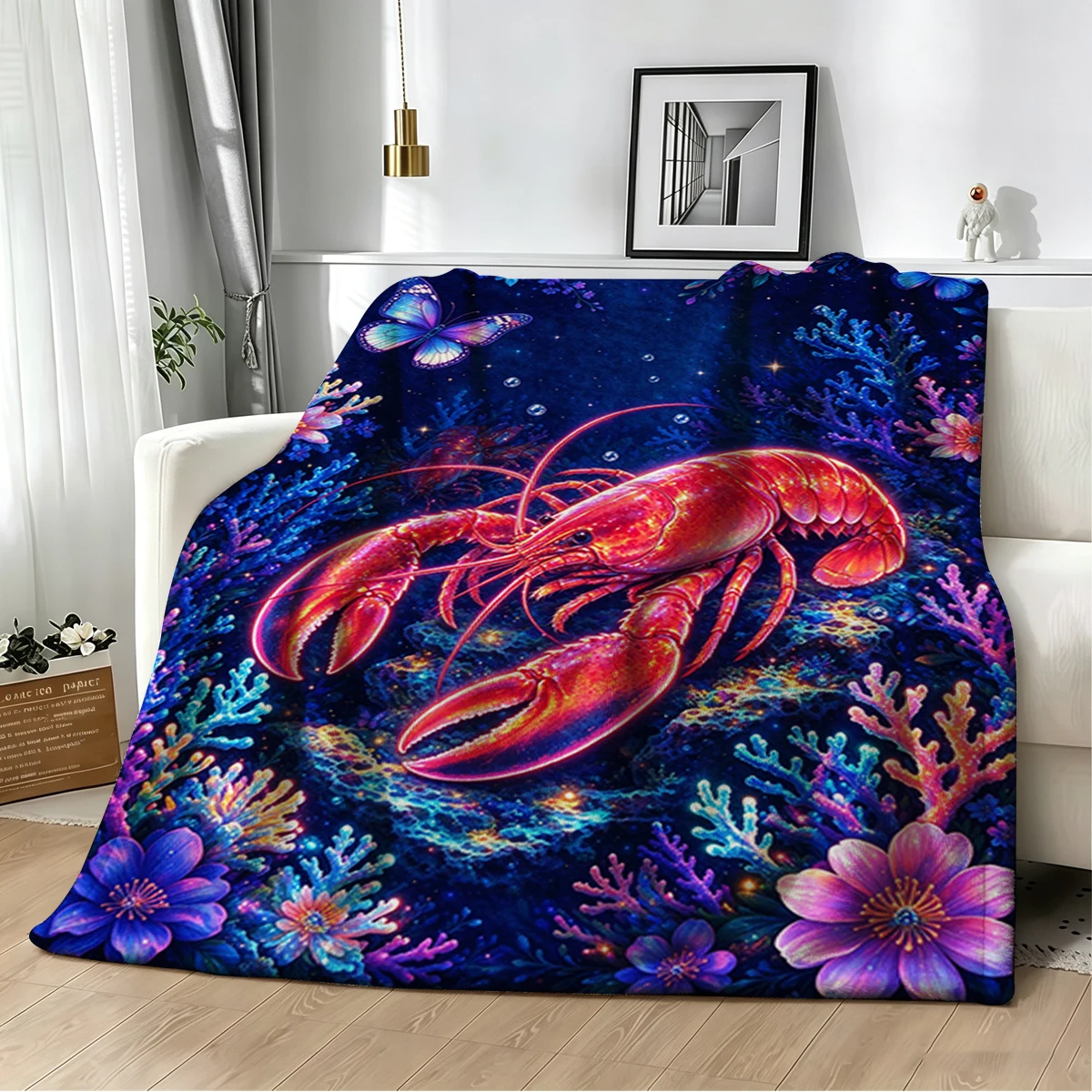 Neon Red Lobster Bubbles Flannel Blanket Warm Soft Halloween Christmas Decorative Couch Warm Cozy All-Season Gift