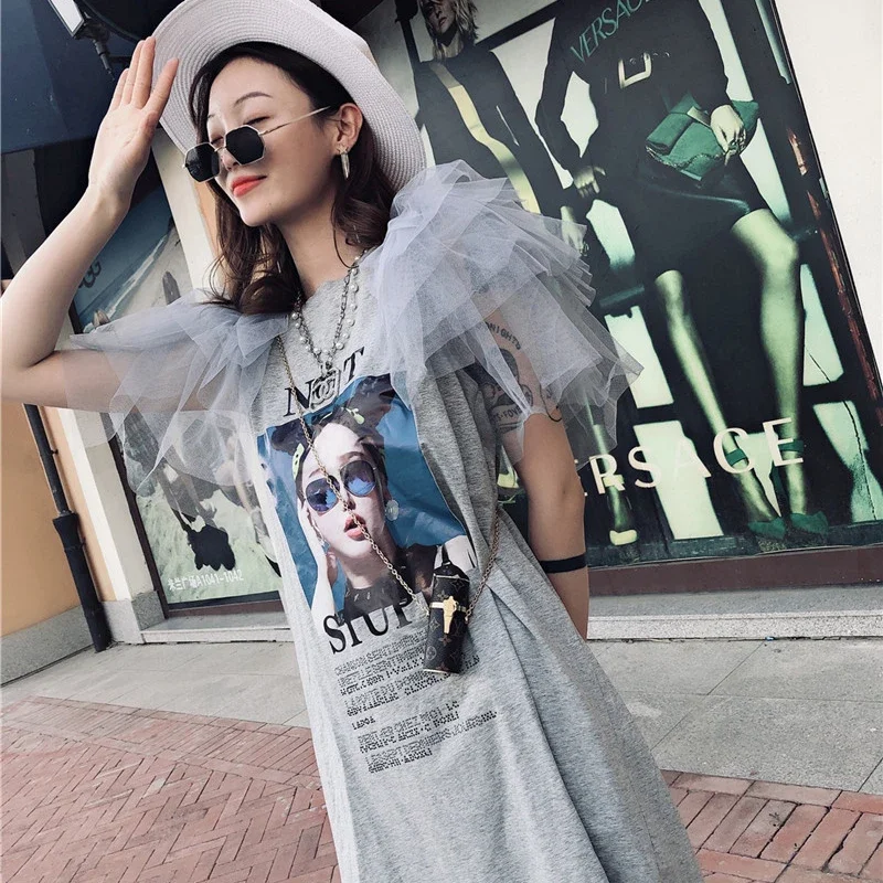 Harajuku Long Mesh Spliced T-shirts Dress Female Summer O-Neck Fairy Ruffled Sleeve Girls Printed Tees Bohemian Vestido Dress