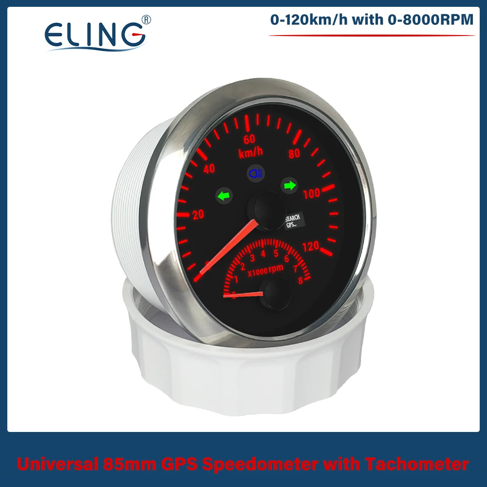 

ELING 85mm GPS Speedometer 0-120km/h 0-200KM/H with 0-8000RPM Tachometer Red Backlight for Car Yacht Boat 12V/24V Universal
