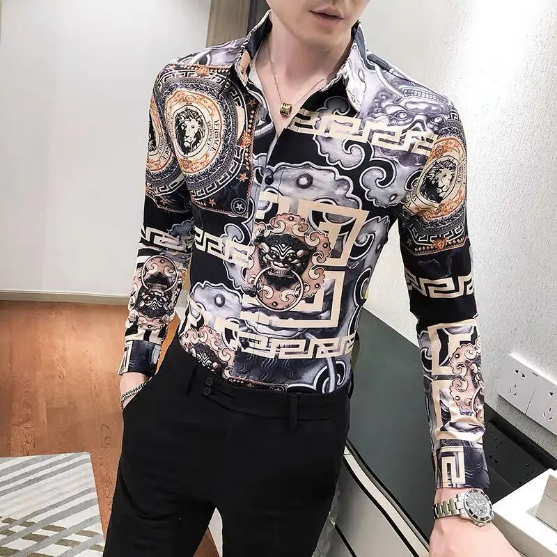 

Age season cultivate one's morality personality printing long sleeve shirt stylist social youth handsome men's shirts