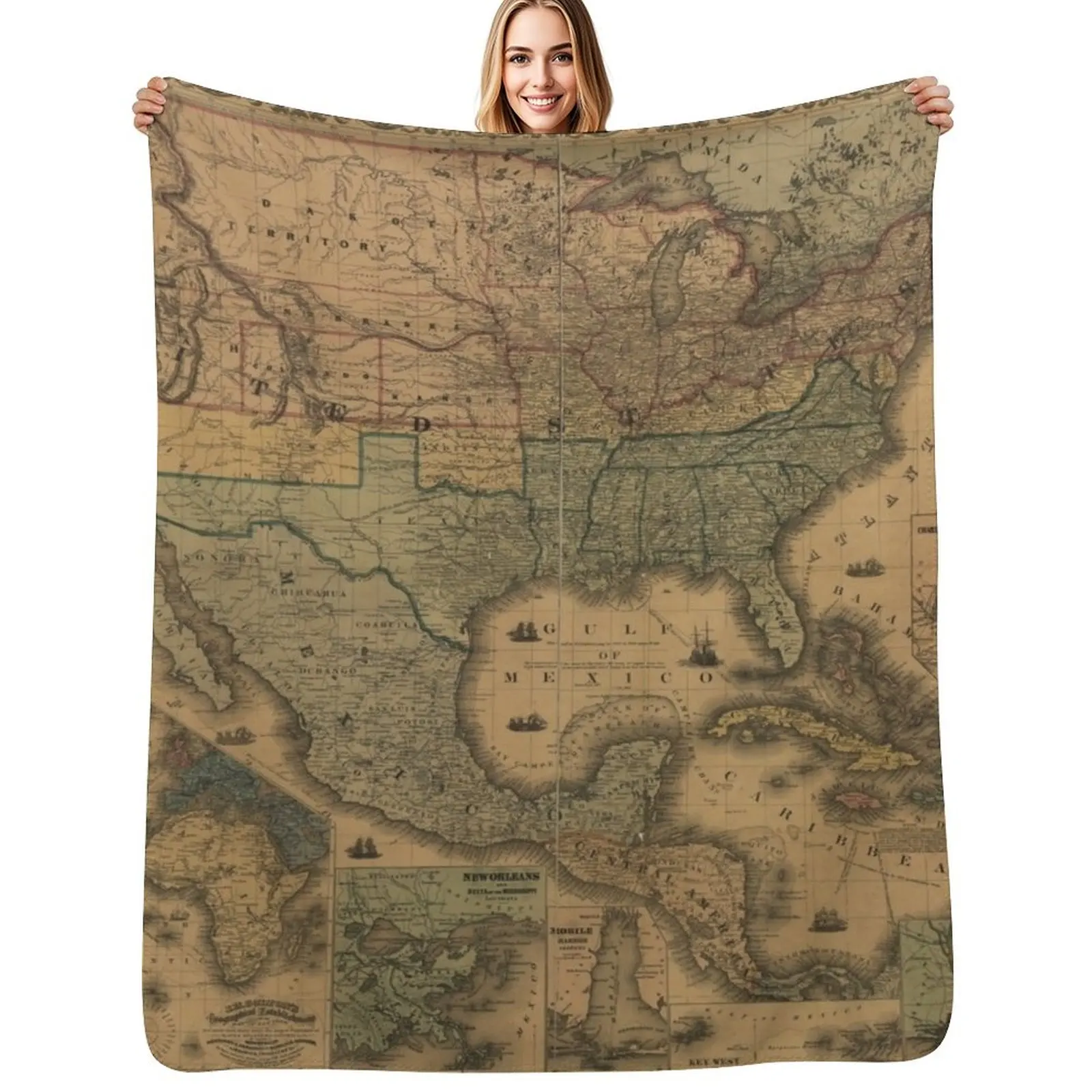 

USA Vintage Map 1862 Vintage US Map The United States Of America Vintage Map Throw Blanket warm winter Heavy Cute Plaid Blankets