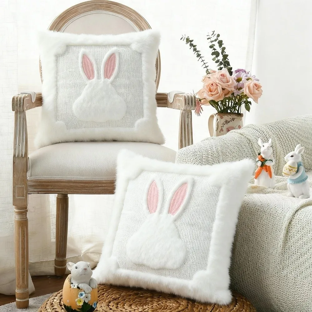 Cute Cartoon Easter Bunny Pillow Cover Cozy Soft Rabbit Pattern Pillowcase Decorative Pillowslip Festive Celebration