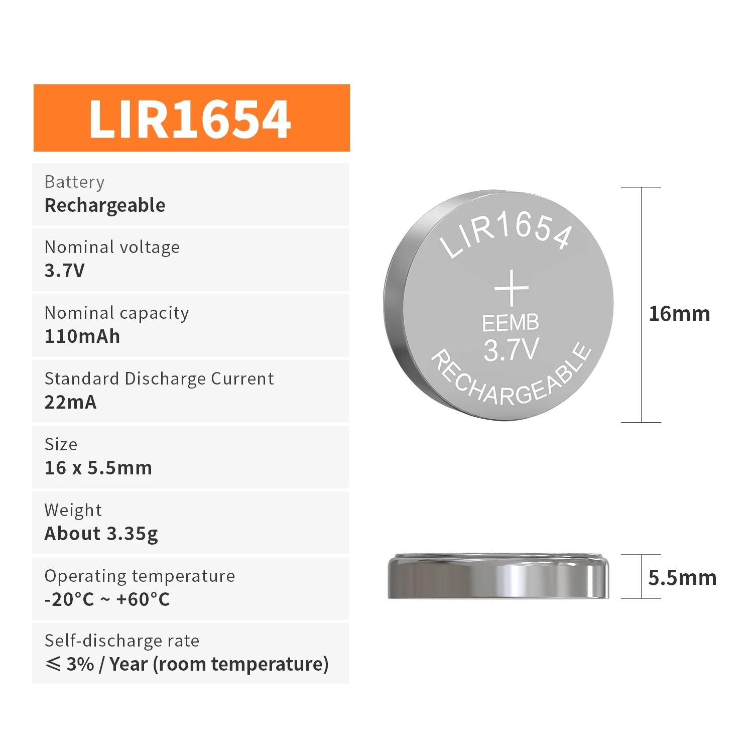 EEMB LIR1654 3.7V 110mAh Button Battery Rechargeable Lithium-ion Battery Coin Cell for Earphone ithium-ion Battery Car Keys