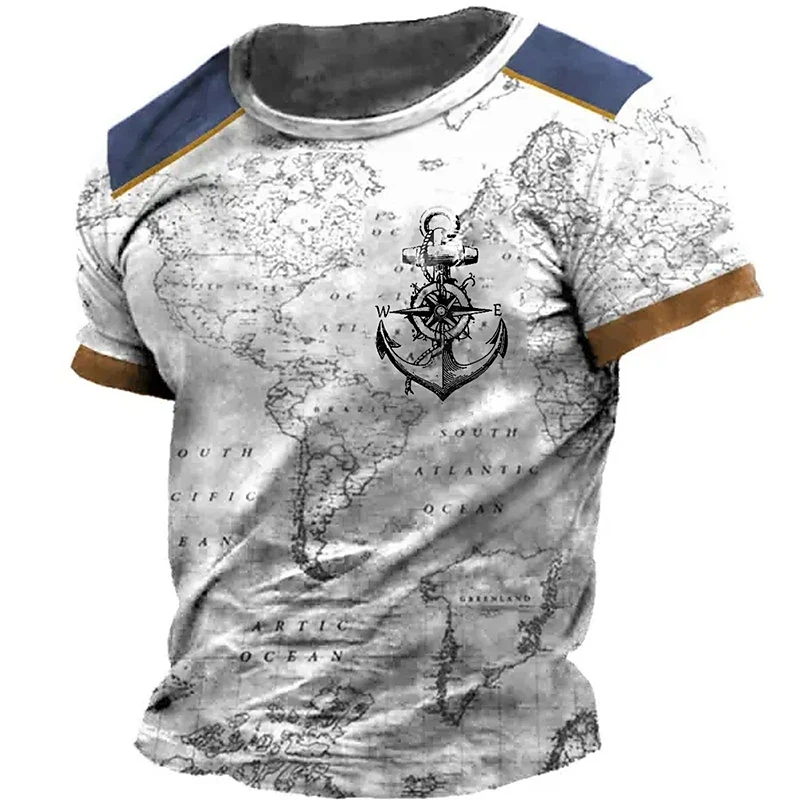New Vintage T -Shirt Men's Summer Short -Sleeved Navigation Compass 3d Print T -Shirt Fashion British Men's Clothing Streetwear image 4