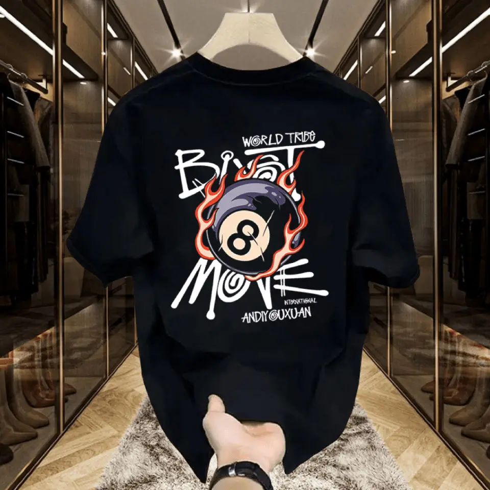 

American Hipster Trend Heavy Short Sleeve T-shirt - Billiard Print Men's and Women's Fashion Street Crewneck Casual Pure Cotton