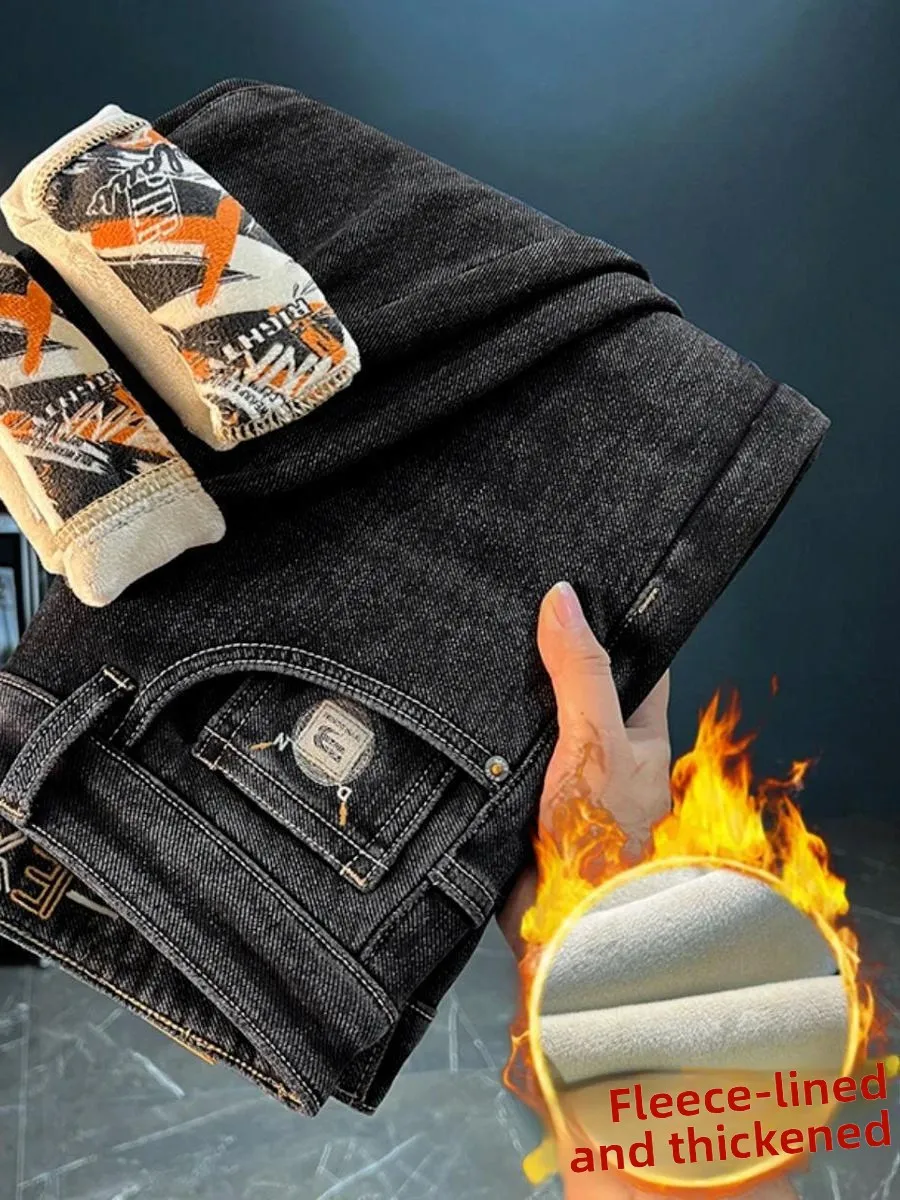 

Осенне-зимние мужские джинсы с флисовой подкладкой, облегающие, повседневные, прямого кроя, модные, эластичные, длинные брюки, удобные в носке