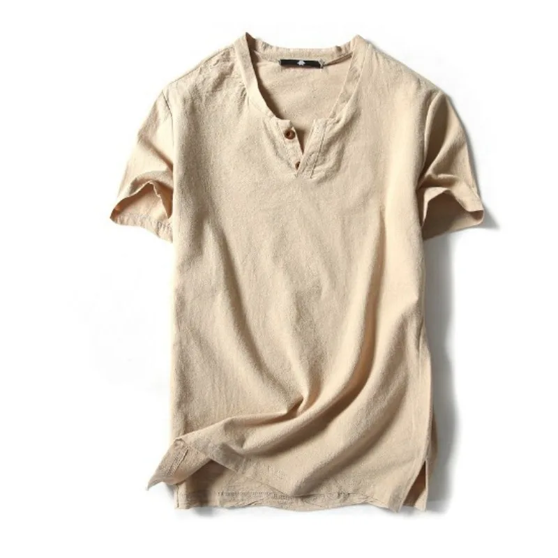 Summer New Japanese Linen Short-sleeved T-shirt Men's Cotton And Linen Half-sleeved Solid Color Large Size Two-button T-shirt