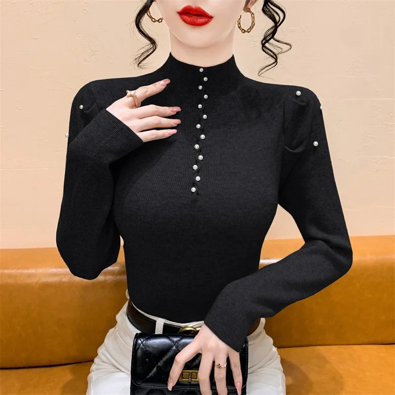 Slim Fit Damen Strickpullover Pearl Embellied f High Collar Base Layer Bubble Sve Top für Herbst Winter Faion