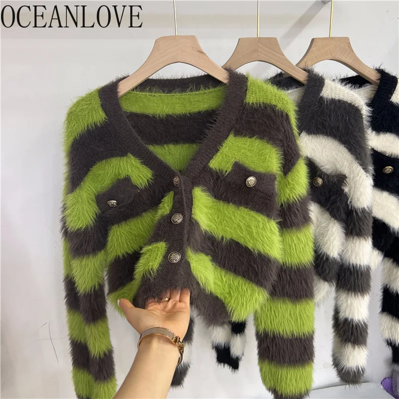 

OCEANLOVE Striped Women Cardigans V Neck Mink Cashmere Autumn Winter Soft Sweet Sweaters Thick Korean Fashion Knitwears