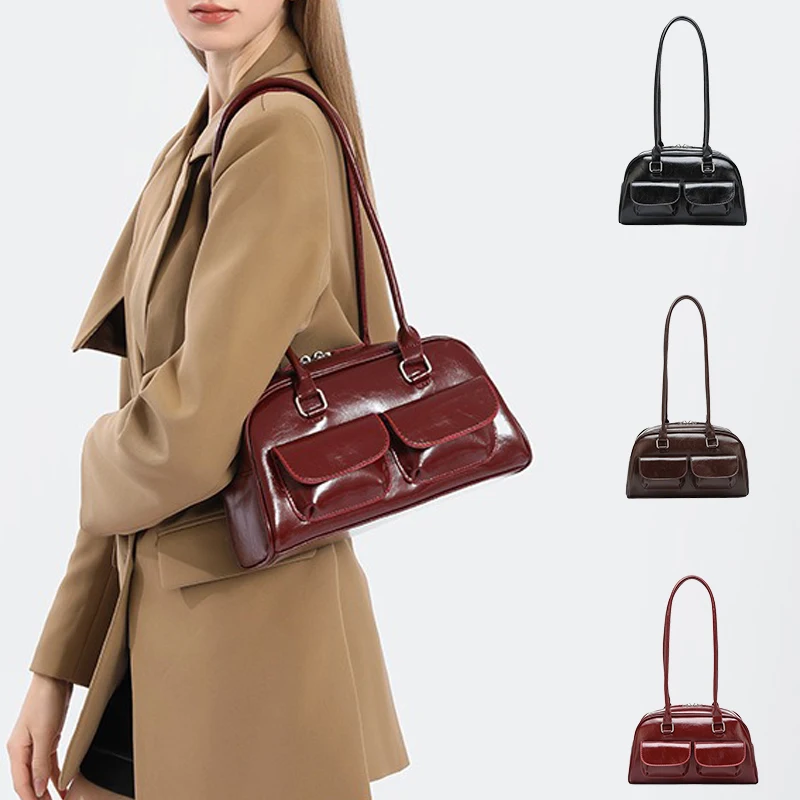 Vintage Burgundy PU Leather Shoulder Bag Large Business Tote Simple Commute Underarm Handbags Purse for Working Women and Ladies