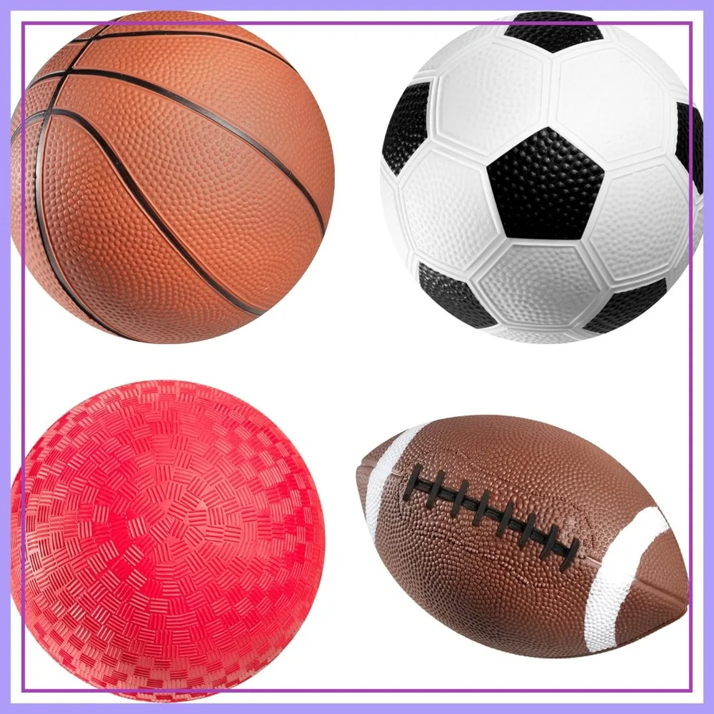 

4-Pack Sports Ball Set: Football, Soccer, Basketball & Playground Balls, 5-Inch, Hand Pump Included