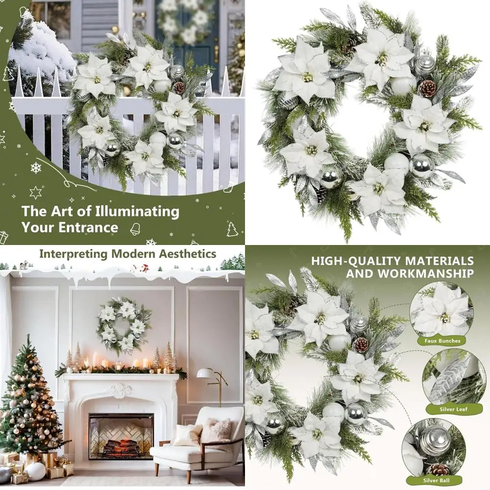 

White/Silver Ball & Poinsettia Artificial Christmas Wreath for Indoor/Outdoor Use