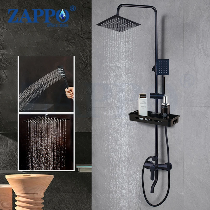 ZAPPO Matte Black Rainfall Shower Faucet Set Wall Mounted Shower Systerm with Storage Shelf Bathtub Tap Mixer Rainfall Shower