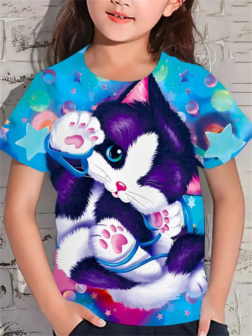 Kaos musim panas anak perempuan lucu, atasan lengan pendek kartun hewan kucing 3d motif 2025 baju anak perempuan Fashion kasual