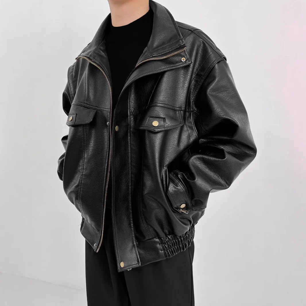

American Style Motorcycle Soft Leather Jacket For Men, Faux Leather Short Jacket For Spring And Autumn, Couple's High-End Pilot