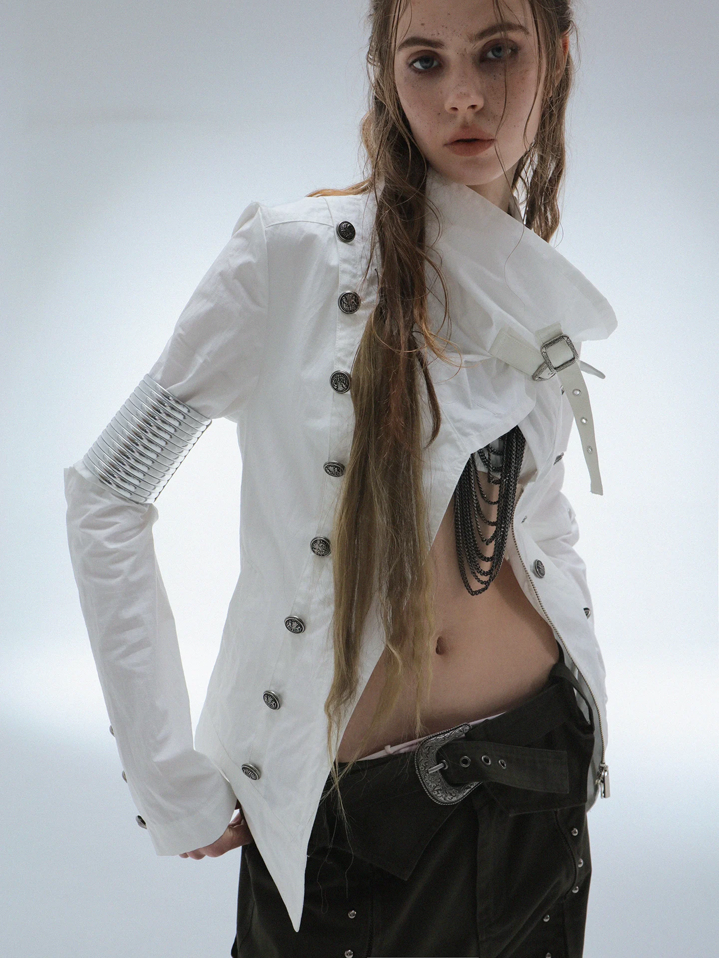 DoublePunch Original High Collar Thickened Cotton Jacket Metal Buckle Decorated Windproof Napoleon Outerwear for Women