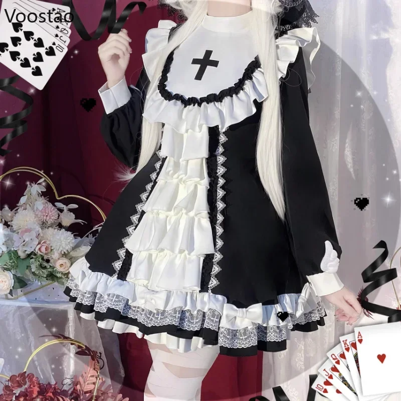 Japanese Gothic Lolita OP Dress Women Victorian Cross Embroidery Ruffles Cosplay Witch Maid Dresses Girls Sweet Party Dress 2023