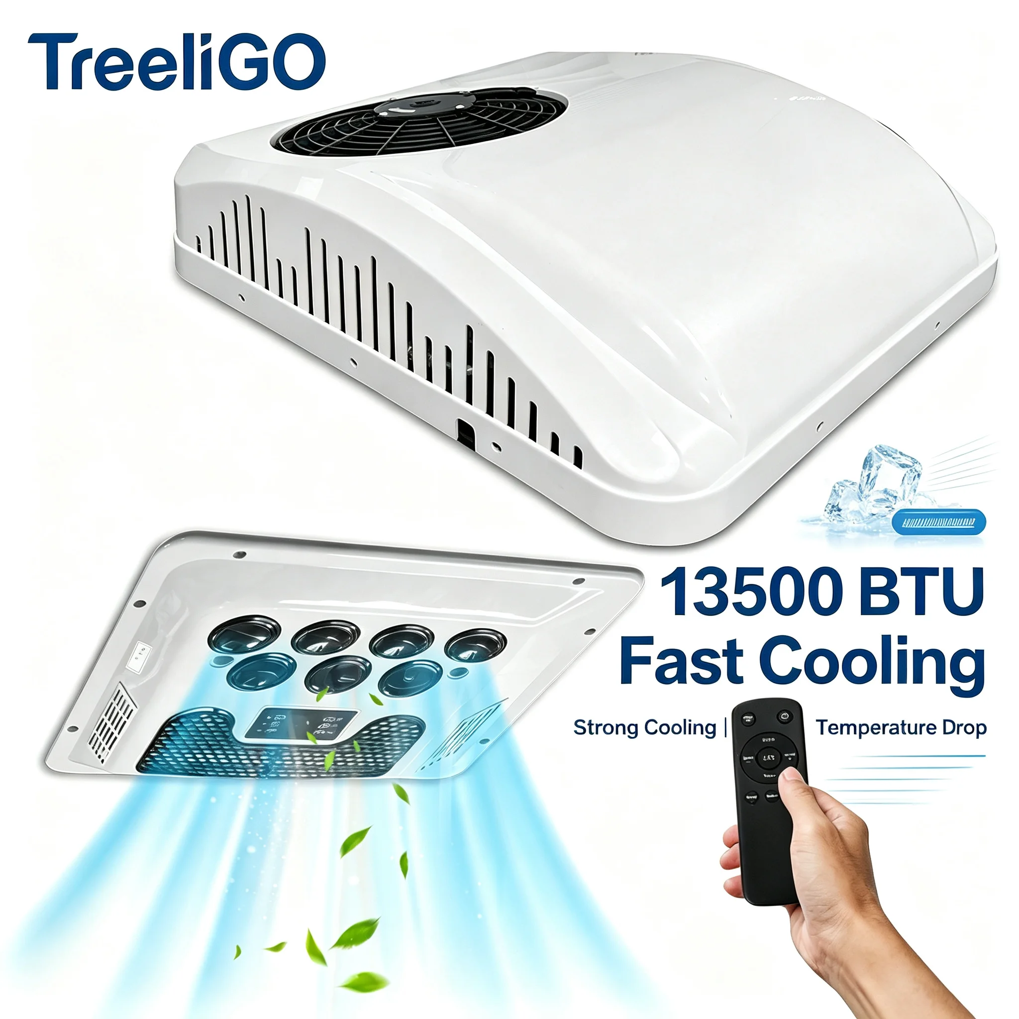 Ar Condicionado de Teto Treeligo 12V 13500BTU para RV, Aquecimento e Resfriamento, Elétrico, para Caminhões, Campers, Vans, Caravanas e Motorhomes