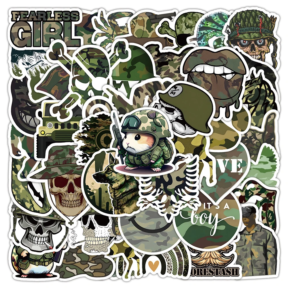 10/30/50pcs Cartoon Camouflage Style Stickers Cool Skull Helmet Waterproof Sticker Car Phone Motorcycle Laptop Decals Kids Toy