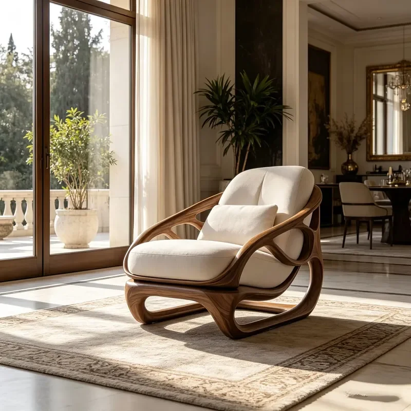 Organic Lounge Chair with Fiberglass Frame, Walnut Veneer Finish and Soft Plush Cream Fabric Cushion