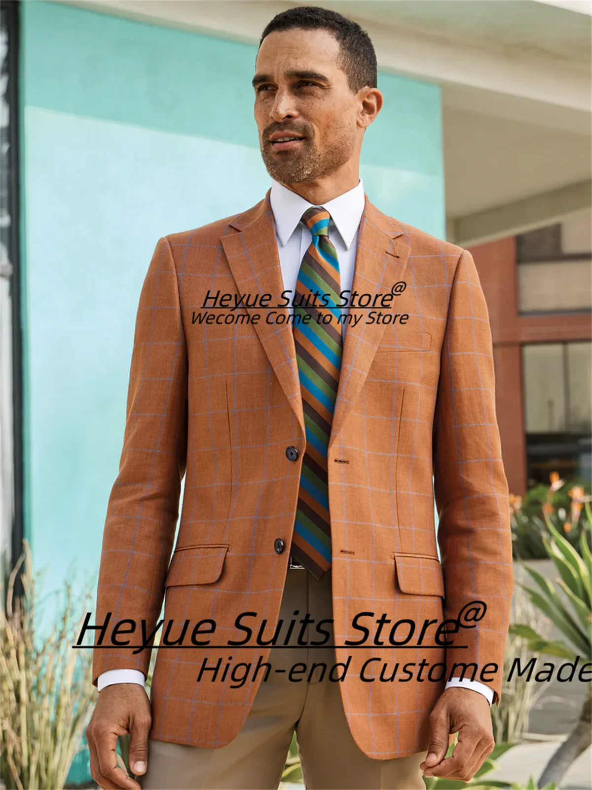 

Italian style Orange Plaid Men Suits Customized Slim Fit Notched Lapel Groom Wedding Tuxedos 2 Pieces Sets Male Party Blazers