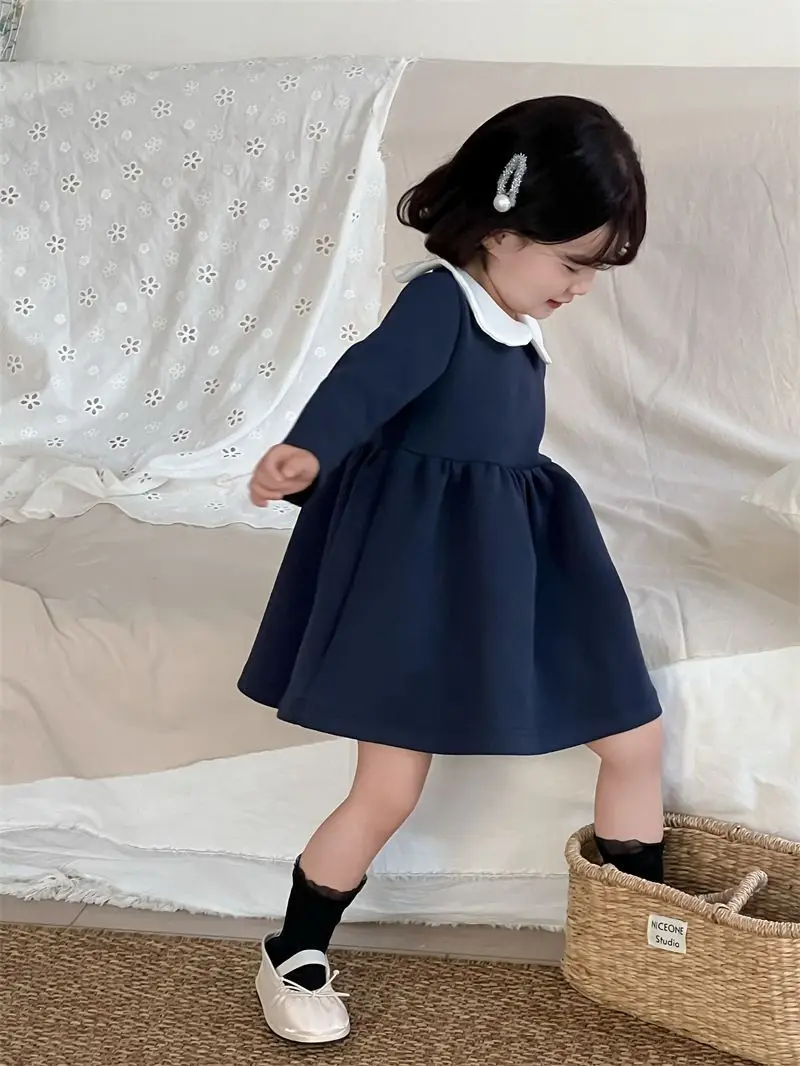 New Children Dress Baby Girls Dress Fashion Long Sleeve Pure Color Peter Pan Collar High End  Autumn
