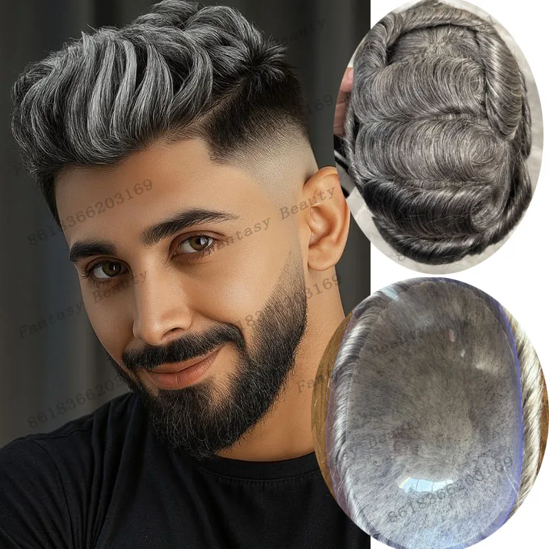 

Durable Afro Black Man 100% Human Hair Old Male Wigs Undetectable Natural Hairline Grey Brown Black Man Hair System Prothesis