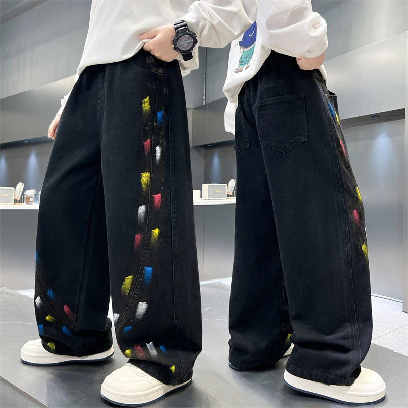Junior Boys Jeans 5-14Y Kids Denim Pants Children Loose Tie Dye Trousers Young Teens Boys Wide Leg Pants