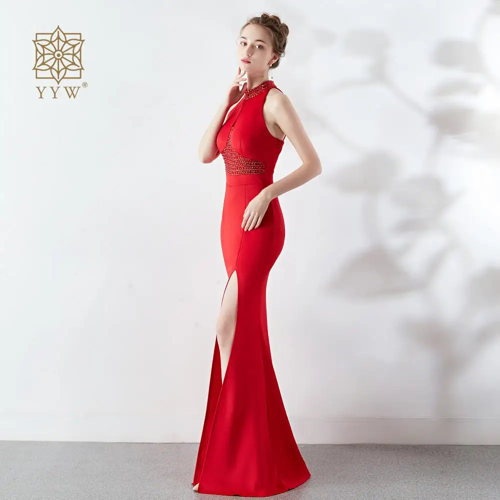 Red New Year Playing Dress For Women Sexy A-Line Backless Wedding Banquet Dress Ladies Elegant Beading Side Slip Evening Vestido