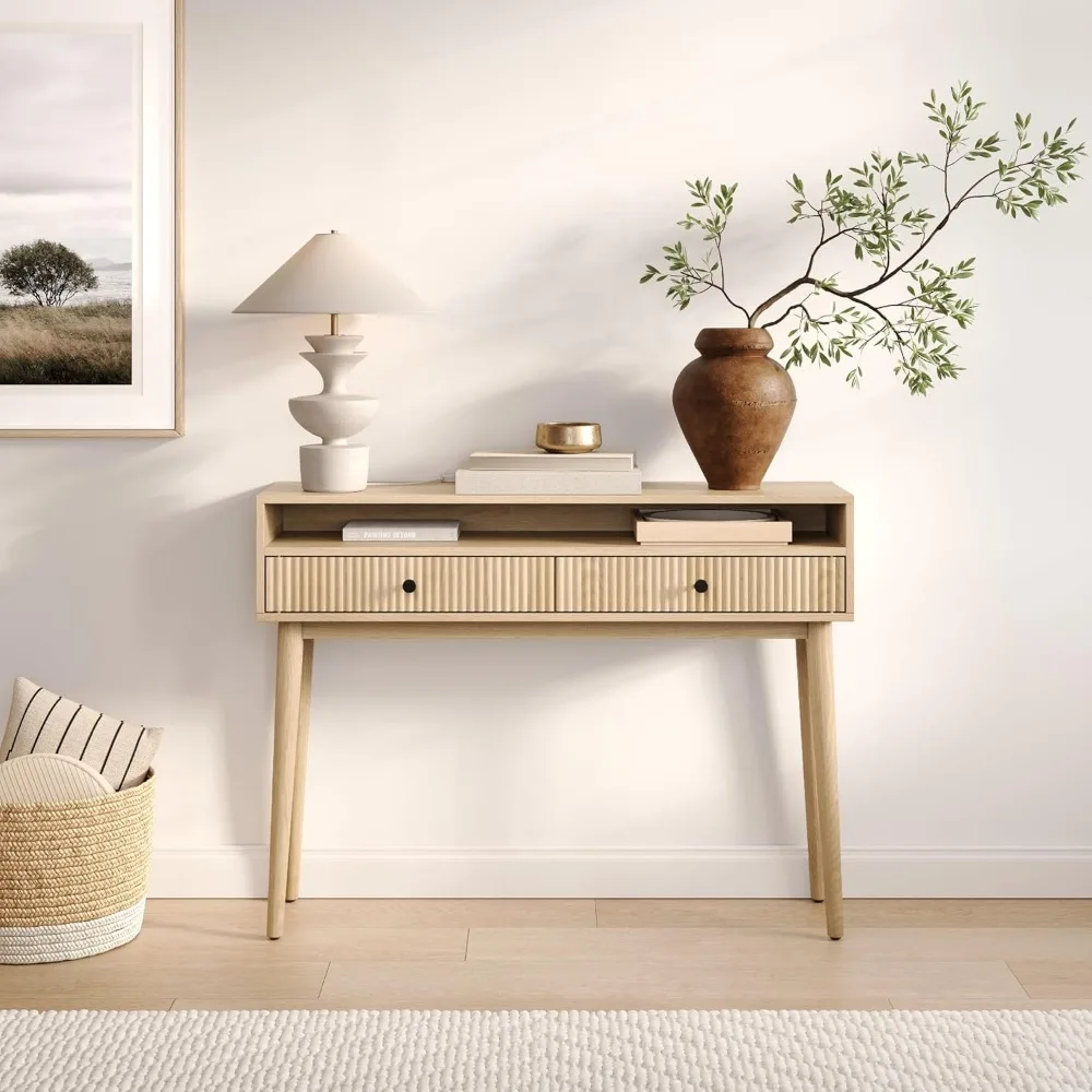 

Fluted Narrow Console Table Natural Oak - 43 W x 12 D x 32 H, Fluted Swing Doors & Black Knobs - Solid Wood Console Table with S
