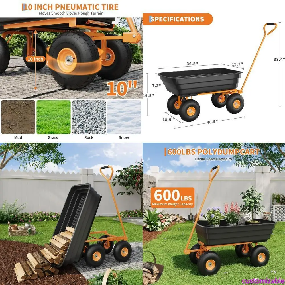 

Сверхмощная 4-колесная дворовая тележка, 4 кубических фута, грузоподъемность 600 фунтов, с 10-дюймовыми вездеходными шинами