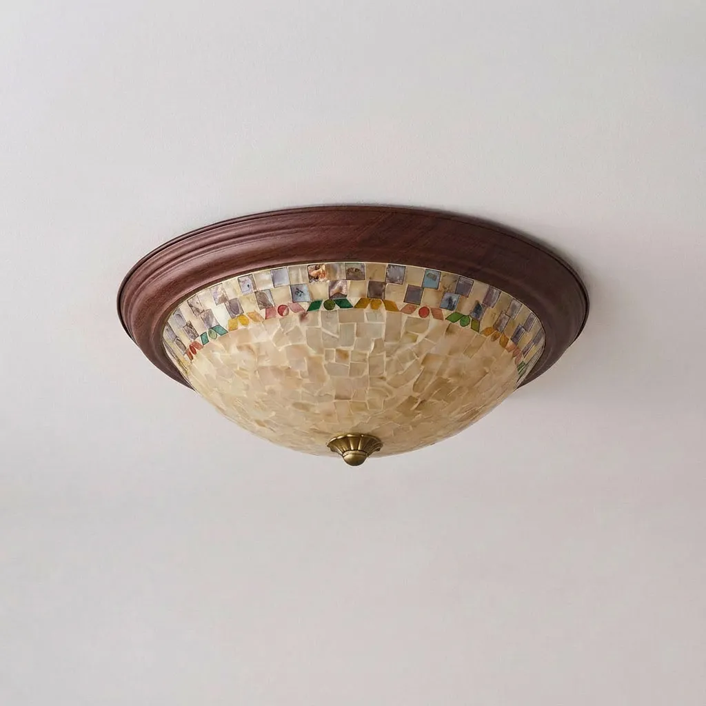 Tiffany Shell Walnut Color Circular Flush Mount, Modern Wabi-Sabi Vintage, Ceiling Light for Living Room, Dining Room, Bedroom