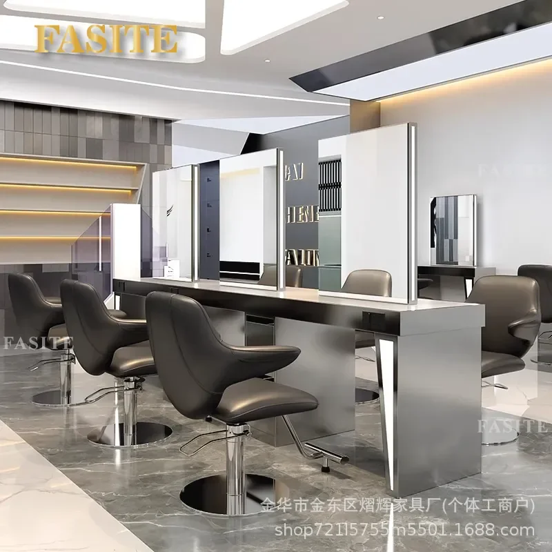 For Barber Shop Hair Stainless Steel Double Sided Mirror Table Cabinet Integrated Perm Dyeing Cutting Station Factory