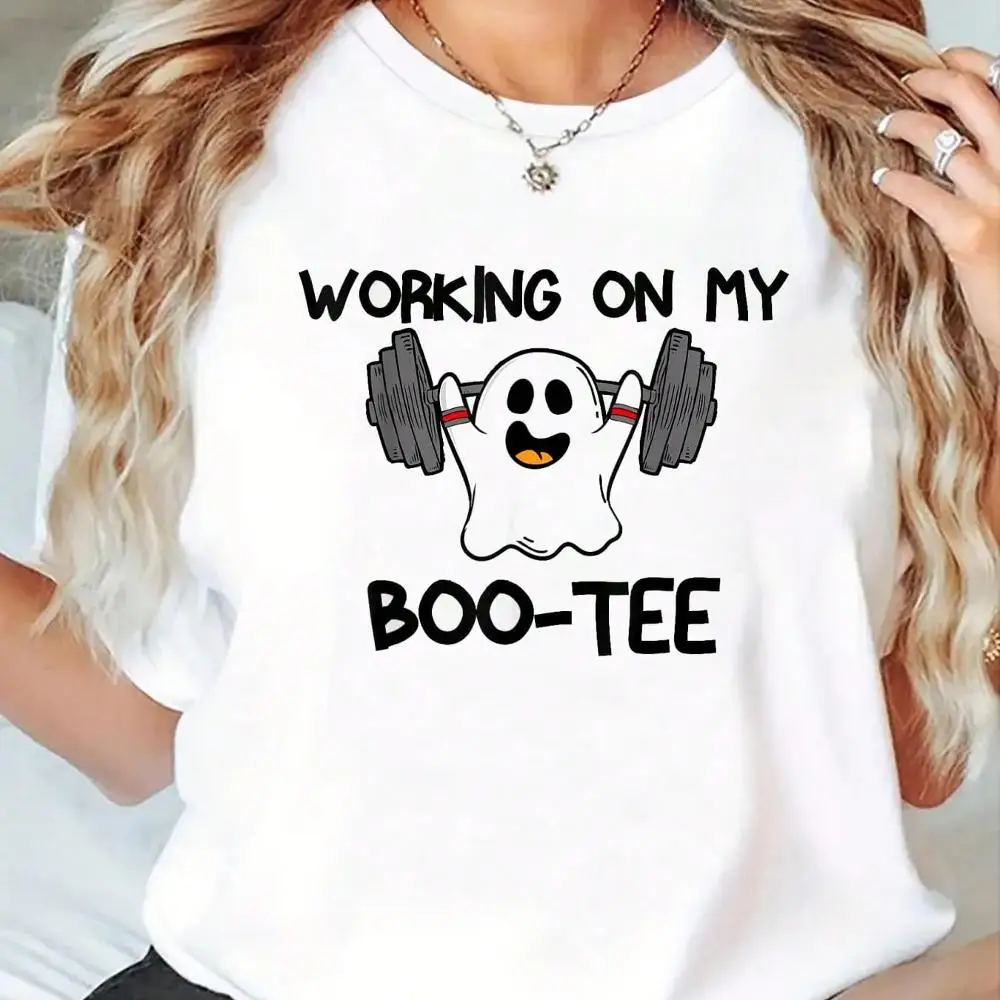 Working On My Booty Boo Ty Funny Halloween Gym Ghost T-Shirt - Graphic Tees Festival Outfits For Women, Tops For Summer, Top De Mujer Women Summe