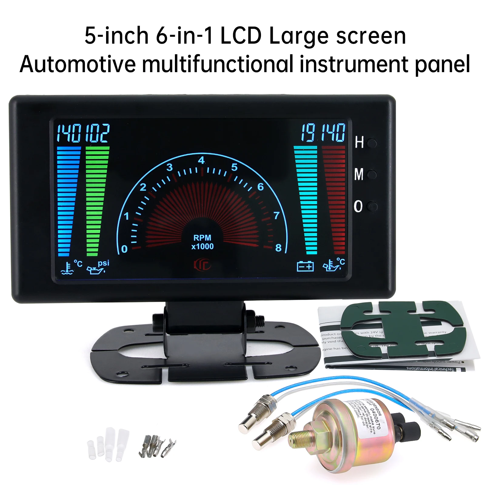 6 In 1 Car LCD RPM Tachometer Digital Meter Water Temperature Oil Pressure Oil Temp Voltage Clock Gauge With Sensor For 12V Car
