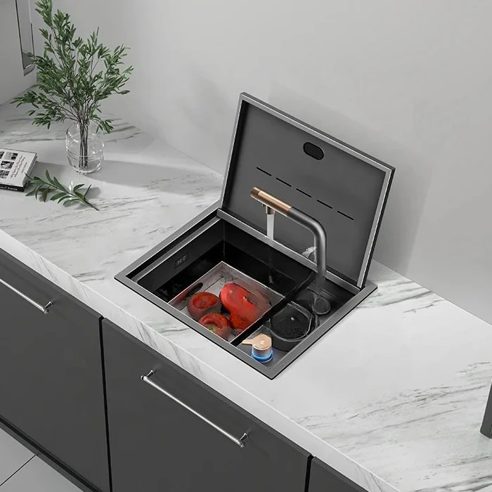 

#N4838XN SUS304 Graphic Modern Design Hidden Sink Lids Covered Black Nano Pull Out Faucet Handmade Kitchen Sink With Cup Washer