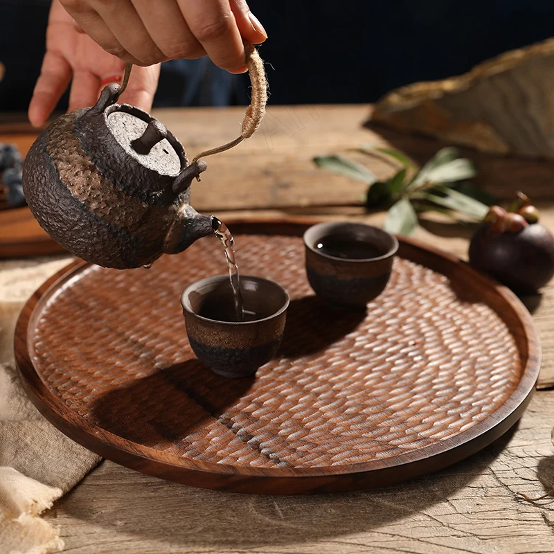 European Wooden Storage Tray Hammered Black Walnut Living Room Fruit Trays Coffee Table Desktop Teacup Organizer Home Decoration