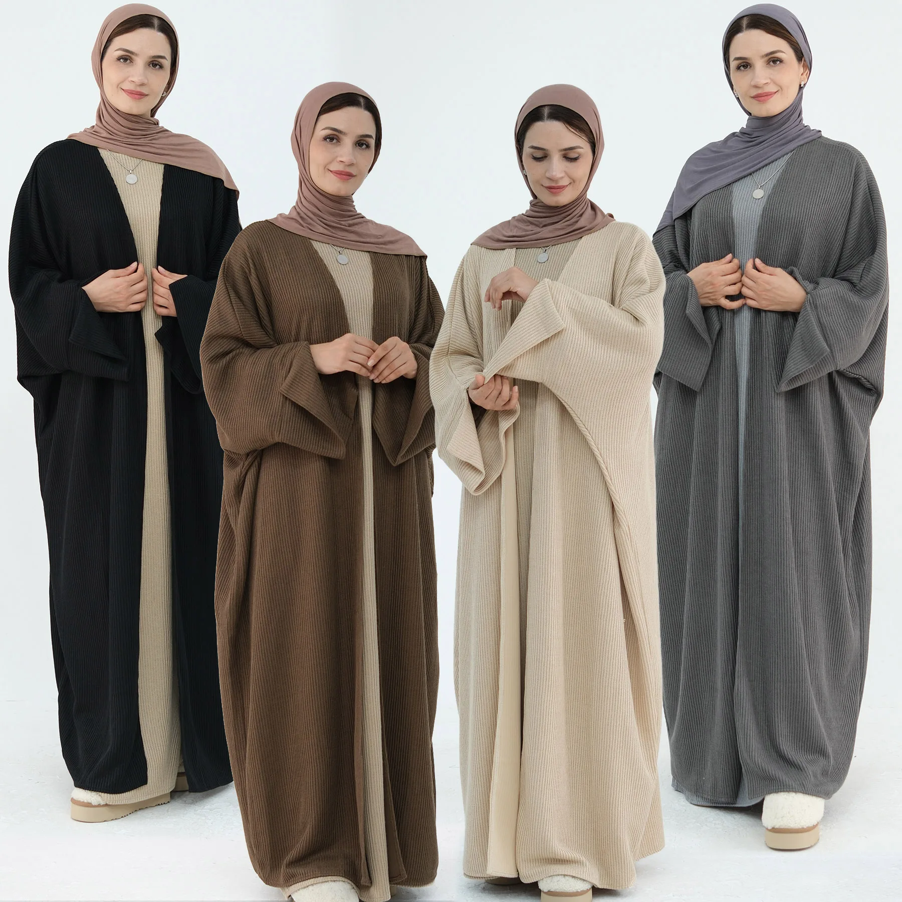 Autumn Knitted Abaya for Women, Batwing Sleeves, Muslim Kimono Coat, Sweater Cardigan, Hijabi Islamic Clothing, Ramadan, Winter