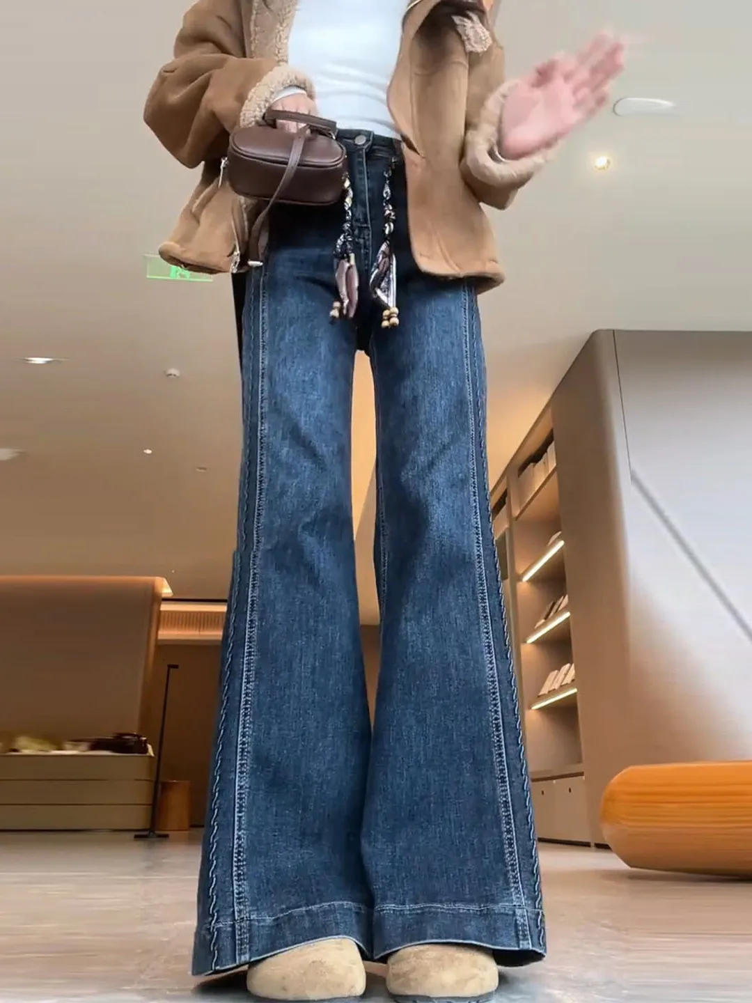 Plus Size Dames Hoge Taille Fce Gevoerde Denim Jeans Elastisch Afslanken Losse Uitlopende Broek Herfst Winter Faion Trend