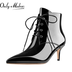 Onlymaker Women Black Patent Leather Pointed Toe Lace-up Kitten Low Heel Booties Plus Size Fashion Side Zip Boots