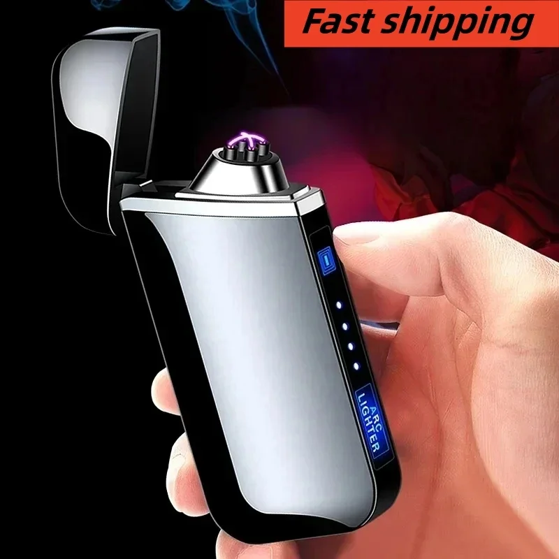 New Metal USB Charging Flameless Pulse Plasma Double Arc Lighter Outdoor Windproof LED Power Display Screen Lighter Men's Gifts